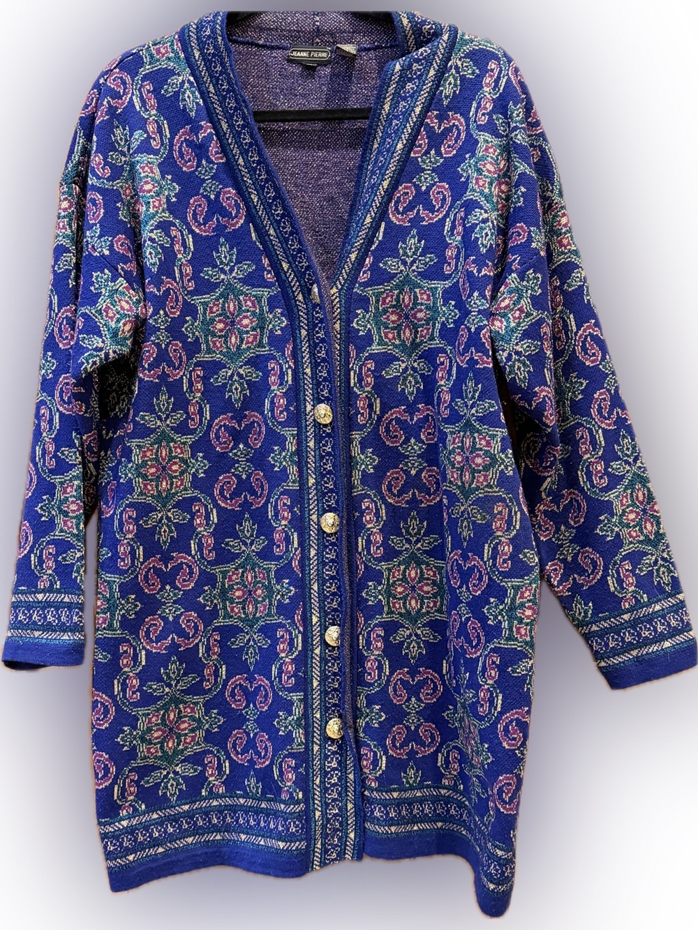 JEANNE PIERRE Vintage Tapestry Cardigan Sweater Blue Paisley Wool Blend, size M